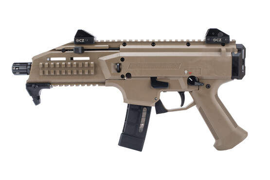 CZ USA Scorpion EVO 3 S1 9mm pistol in FDE with swappable charging handle and ambidextrous safety.